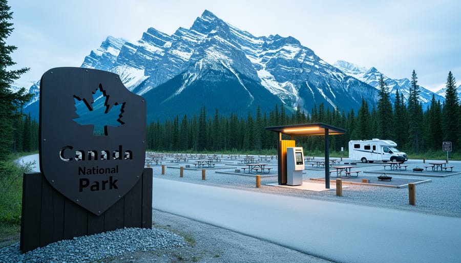 “Scenic Canadian national park entrance area with campgrounds and a trailhead view in the distance, suggesting booking-controlled access to experiences.”