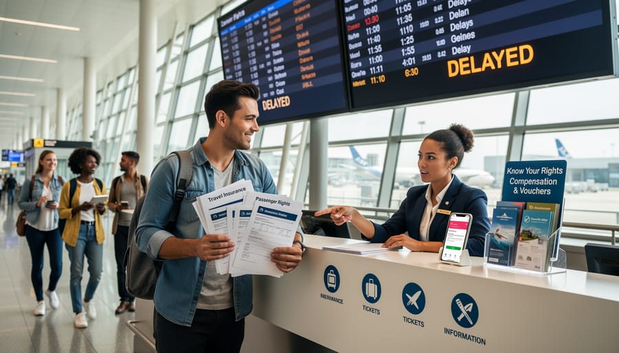 Traveler reviewing passport and documents at an airport counter