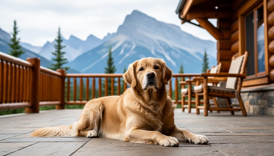 A dog resting on a pet-friendly hotel patio in Canmore with the Canadian Rockies in the background.