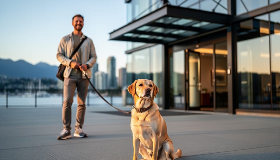 A friendly dog sitting on a Vancouver waterfront promenade beside a modern hotel entrance as the owner holds the leash for pet-friendly travel.