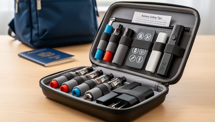 Close-up of a lithium-ion vape battery inside a protective case with charging cable and protective pouch nearby