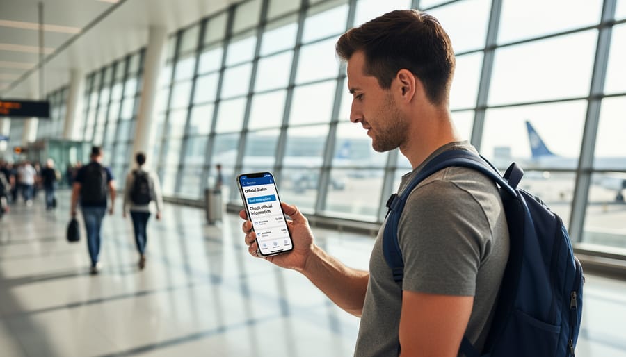 Hand holding a smartphone in an airport to check flight updates