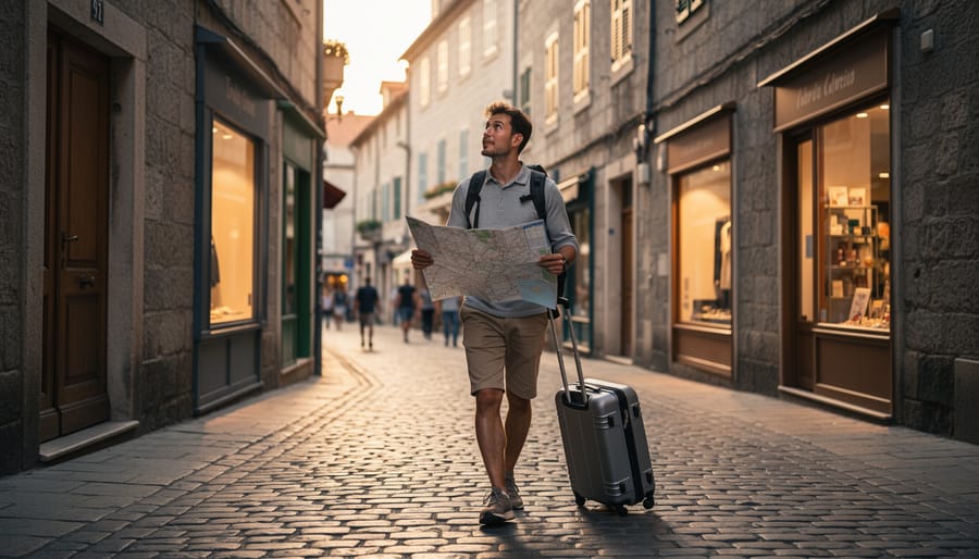 A lone traveler with a small backpack and rolling suitcase walks confidently along a cobblestone street in a European old town during golden hour.