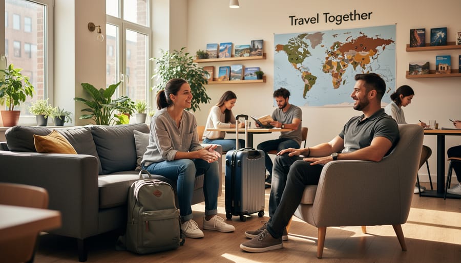 A solo traveler converses with other people in a hostel courtyard
