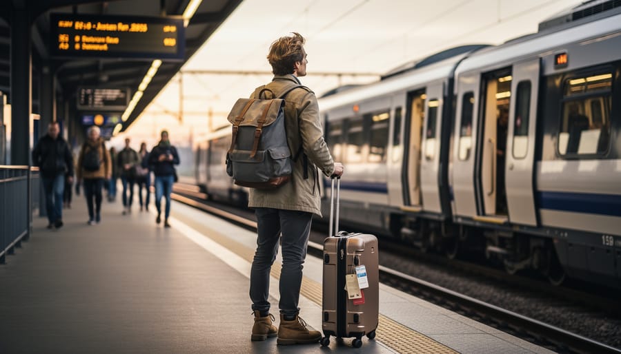 A solo traveler with a small backpack stands at a train platform edge holding a passport