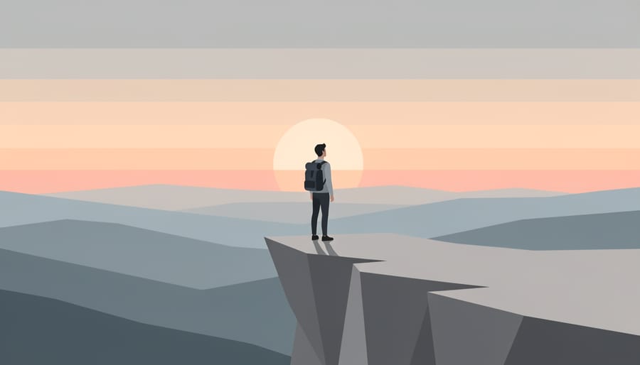 A lone traveler stands on a viewpoint at sunrise with a silhouette against the horizon