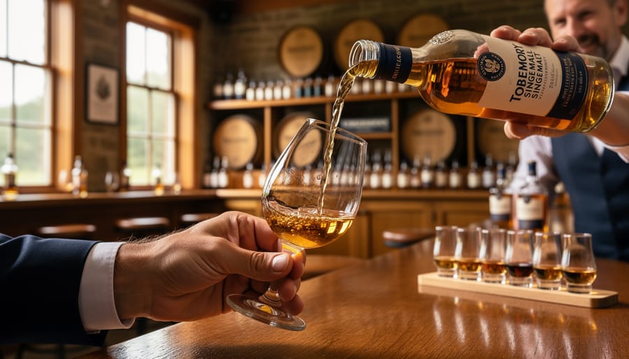 Master distiller pouring amber whisky sample in a Scottish Tobermory tasting room with copper stills in the background