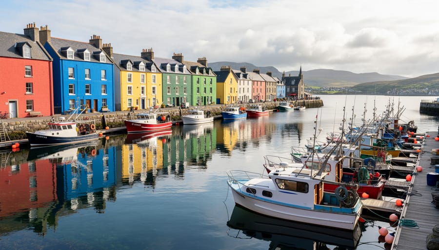 Colorful waterfront buildings and fishing boats along Tobermory harbor, Scotland