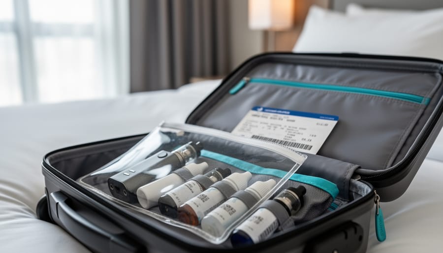 “Carry-on bag on a bed with vape mod and tank stored in a clear zip pouch and leak-proof containers for compliant travel packing.”