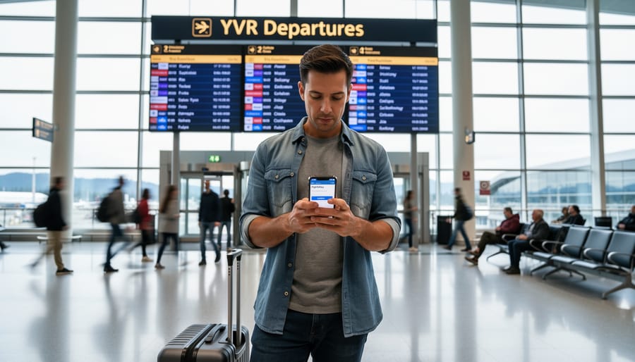 Traveler holding a smartphone near an airport gate with a carry-on suitcase nearby
