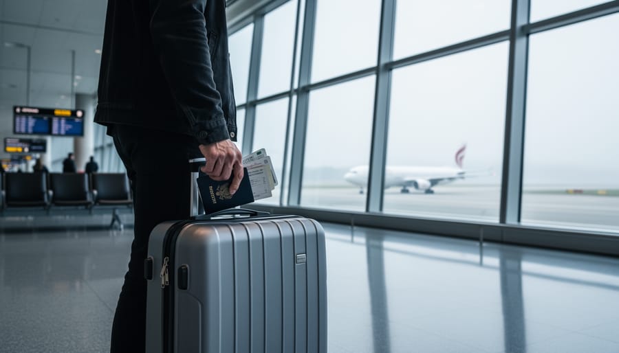 A traveler with a carry-on stands inside Vancouver International Airport, looking out through a foggy window toward a distant airplane and runway area.