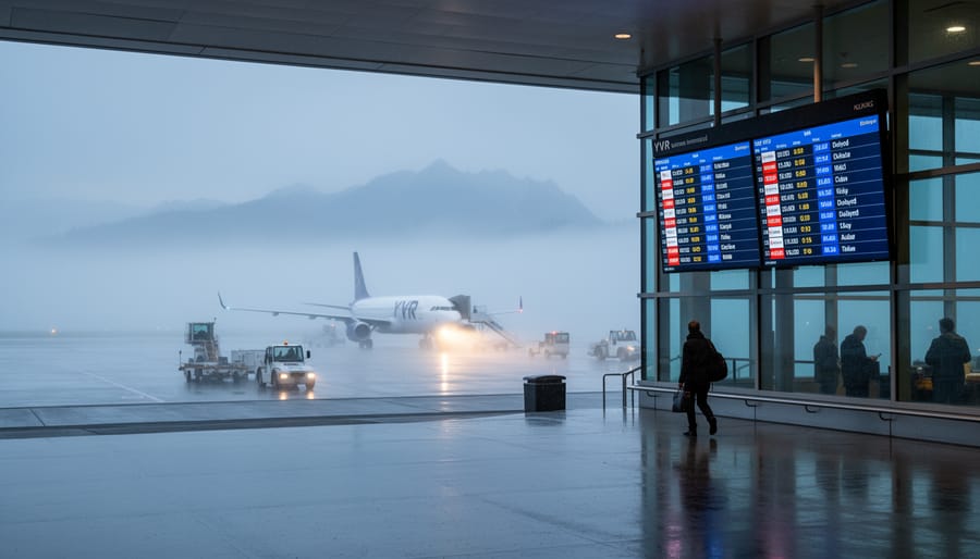 Airplane partially obscured by fog on the tarmac at Vancouver airport