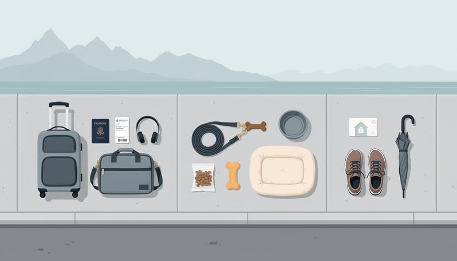 Travel essentials for a pet-friendly trip arranged beside a suitcase