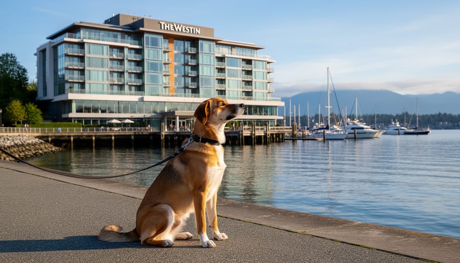 Golden retriever on a leash on the waterfront promenade in front of The Westin Bayshore, Vancouver