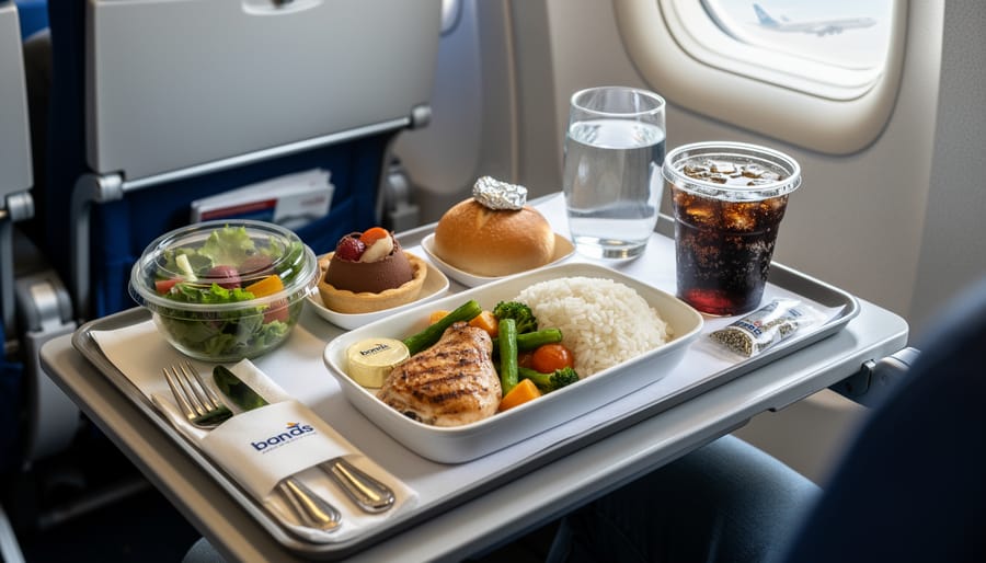 Plated airline meal with bread, salad, entrée, and dessert on an airplane tray table