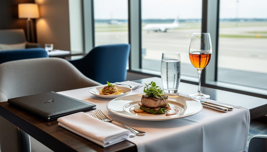 Airline lounge dining table with plated meal, glassware, and warm ambient lighting.