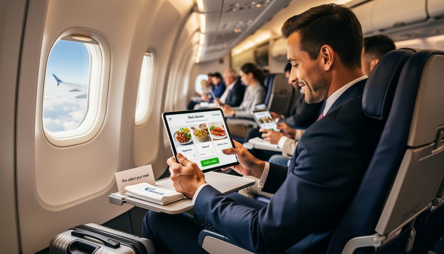 Passenger selecting a meal in an airplane cabin with window light