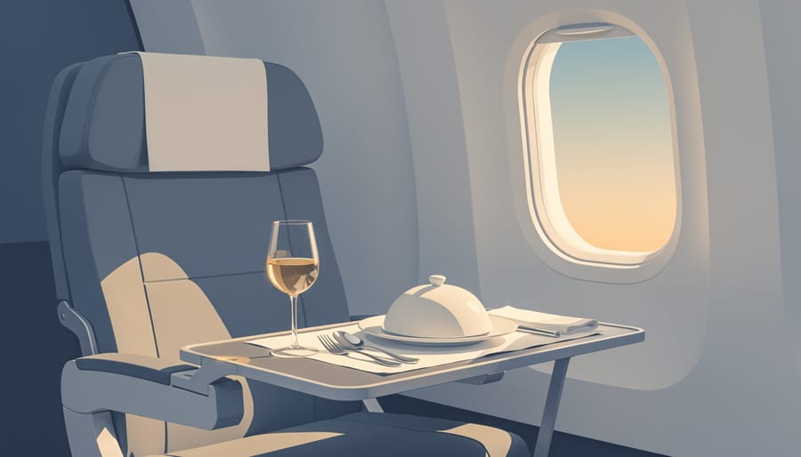 Passenger-perspective view with reflections suggesting fine dining near an airplane window.