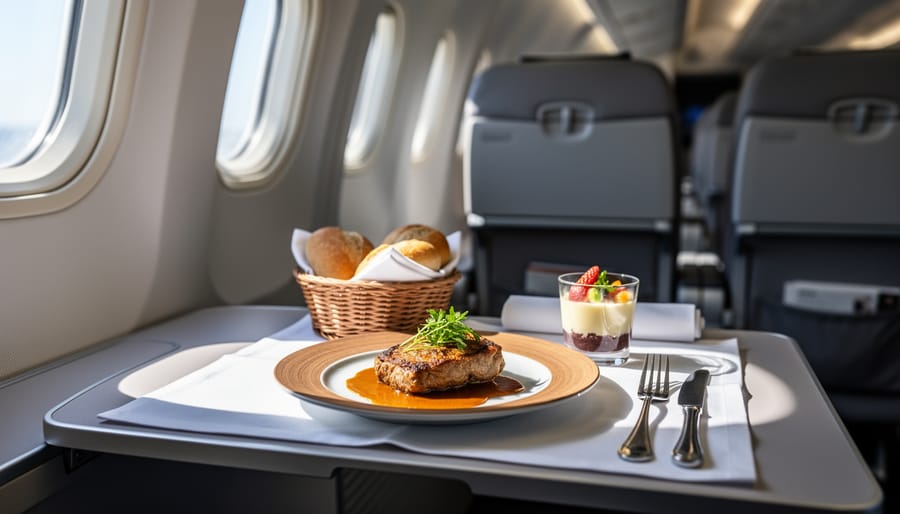 Warm in-flight meal on an airplane tray table with bread, entrée, and dessert under soft window light.