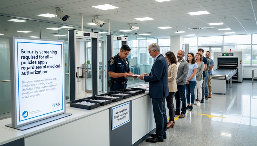Airport security checkpoint with metal detector arch and conveyor belt in the foreground, wide shot with blurred travelers in the background