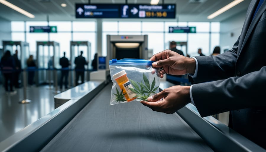 A passenger’s hands near an airport security conveyor holding a clear bag with a medical bottle and small cannabis leaves, with TSA screening equipment in a blurred background.