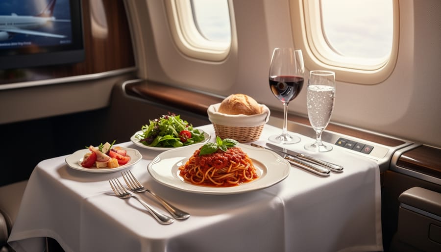 Close-up of an airline dining tray with Italian-inspired dishes and a dessert, styled for premium service.