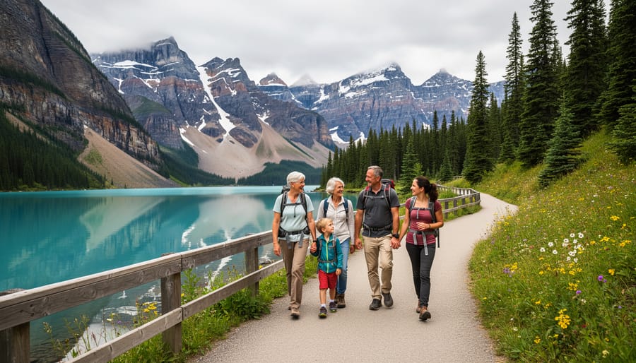 Family hiking on a trail toward mountain views near Banff, with peaks in the background