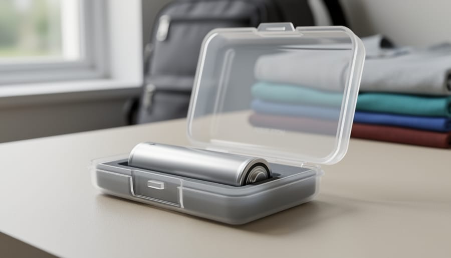 Protective battery case holding a vape mod battery on top of travel documents.