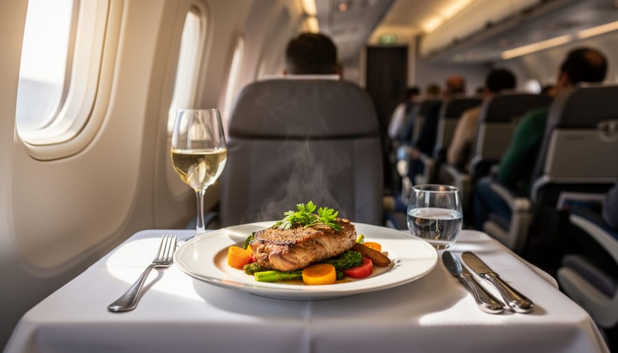 Gourmet meal served on a tray table inside an airplane cabin with soft window light and a blurred background aisle.