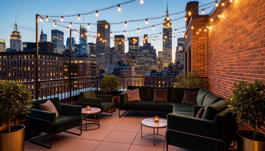 Rooftop lounge at dusk with industrial-chic seating and a glowing New York skyline in the background