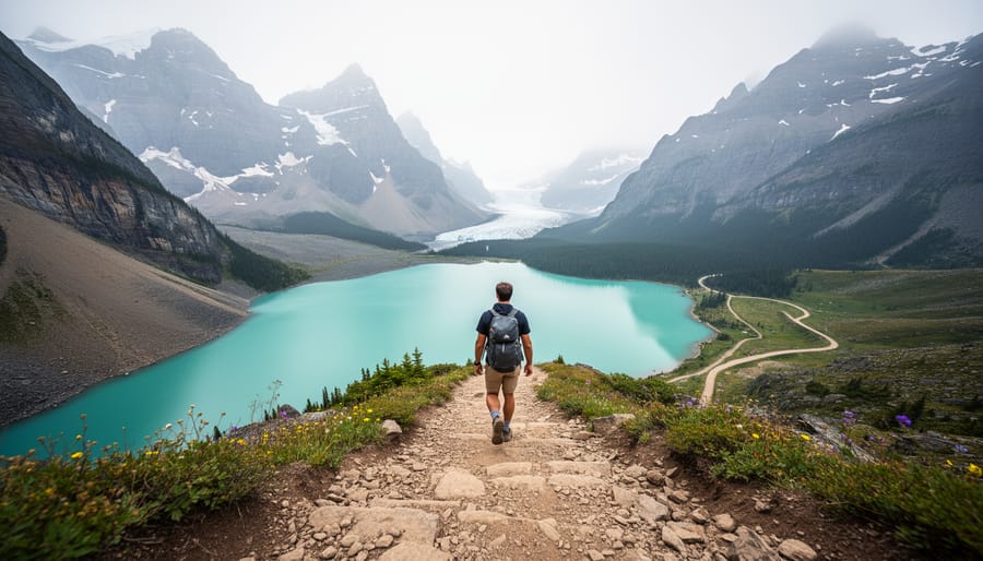 A lone hiker on a rocky trail in the Canadian Rockies with a turquoise glacier-fed lake and jagged mountains in the background.