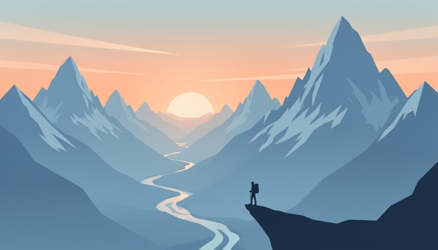 Hiker silhouette at sunrise facing layered mountain ranges in the Canadian Rockies