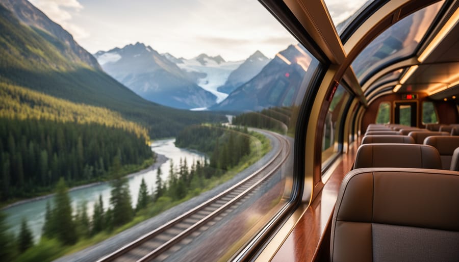 Glass-domed luxury train traveling through a mountainous Canadian Rockies landscape at golden hour, with tracks and glacier-carved peaks visible ahead.