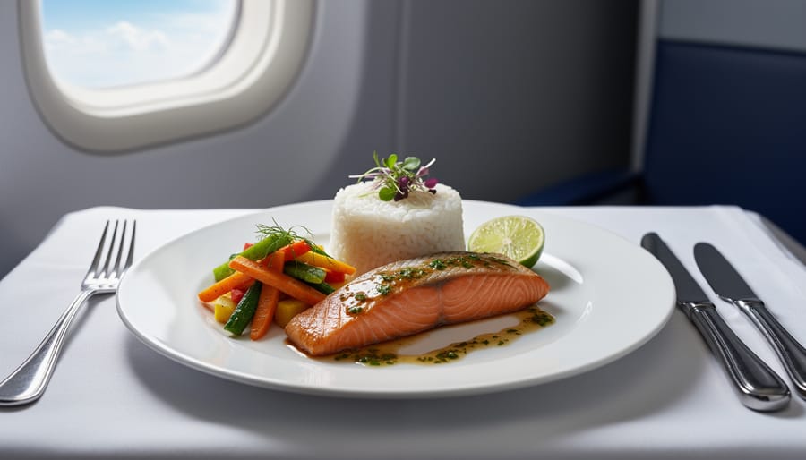 Asian-fusion meal with noodles and vegetables served on an airplane tray