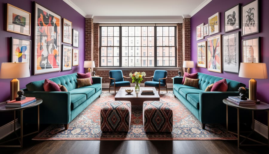 Colorful hotel interior hallway with artwork and an inviting seating area in the distance