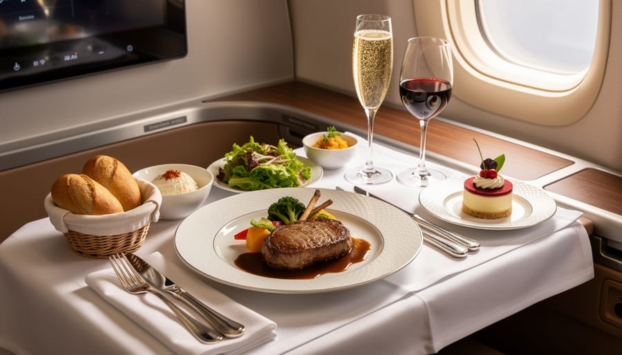 Server’s hands placing a generous plated entrée onto an airline tray in warm cabin light.