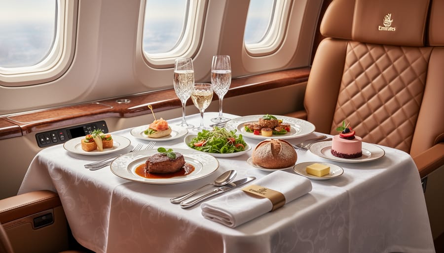 Multi-course premium airline dinner served on a business-class tray with warm cabin lighting