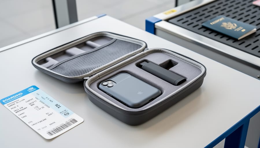 Hands packing a vape device and cartridge into a zip pouch in an open carry-on bag