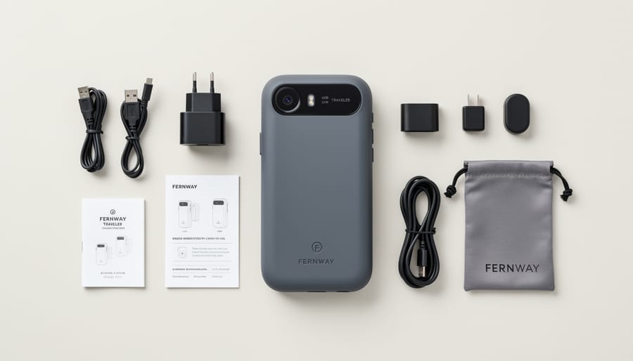 Fernway Traveler vape battery unit, compatible cartridge, and USB charging cable arranged on a nightstand