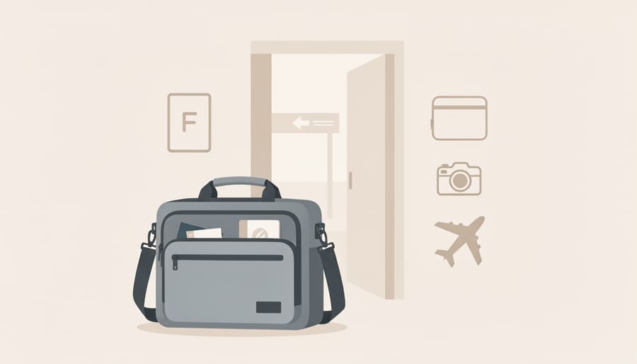 Traveler holding a vape device case at an airport gate with blurred background