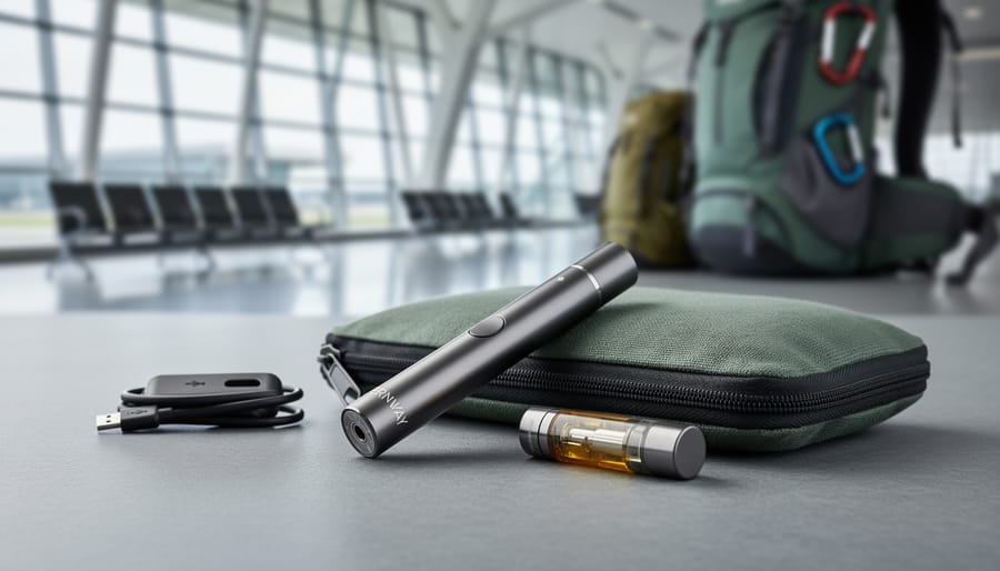 “Close-up of the Fernway Traveler pen-style vape next to its cartridge and USB charging cable on a travel pouch.”