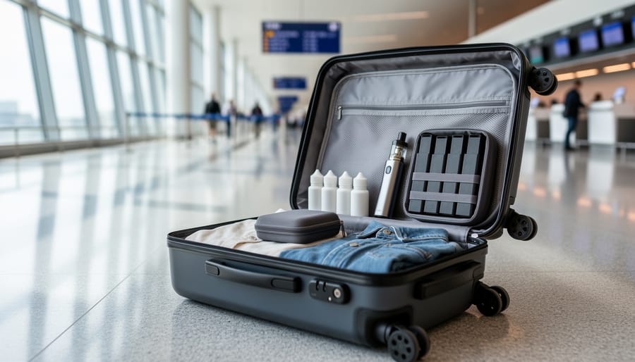 Open carry-on suitcase on an airport floor with a vape device kit and capped e-liquids packed in separate compartments, including protected battery storage.