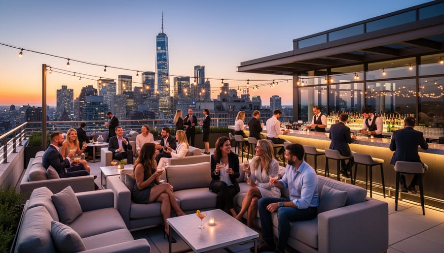 Rooftop bar during blue hour with skyline views and out-of-focus social scene