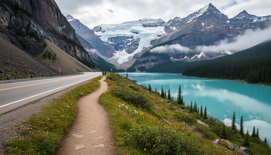 Hikers at an overlook near Peyto Lake with alpine meadow and turquoise water in the distance