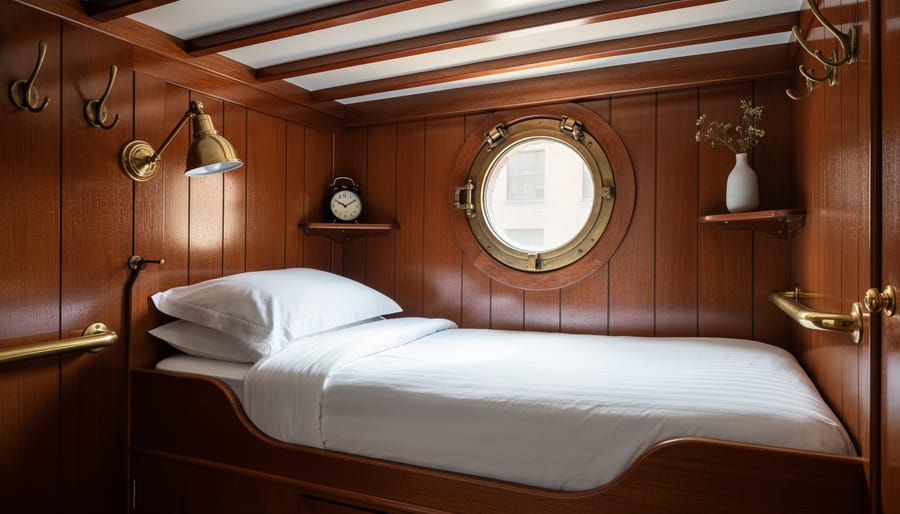 Ship-cabin inspired hotel room detail with porthole window and brass hardware