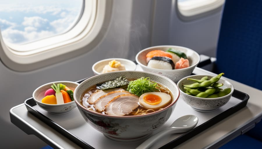 Japanese meal set with small bowls and rice on an airplane tray table