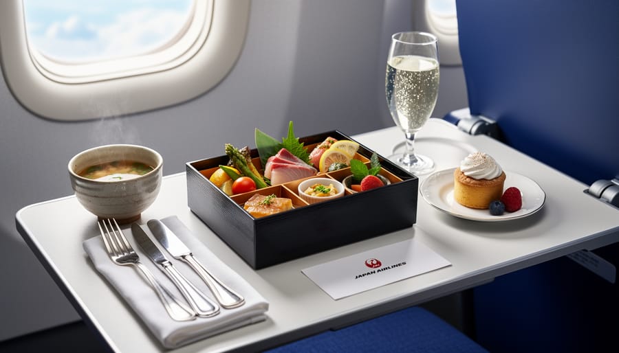 Overhead-lean view of a precisely arranged Japanese-inspired airline meal with tea.