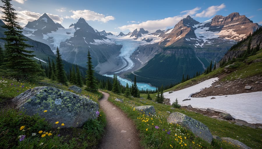 Hiking trail through alpine meadows with glacier views in Yoho or Kootenay National Parks