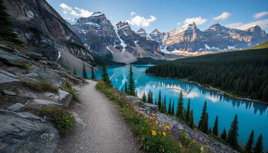 Hiker on a trail overlooking Lake Louise with glacier-covered peaks in the distance