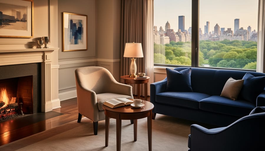 Quiet hotel suite corner with a lit fireplace, sofa, and window view of greenery